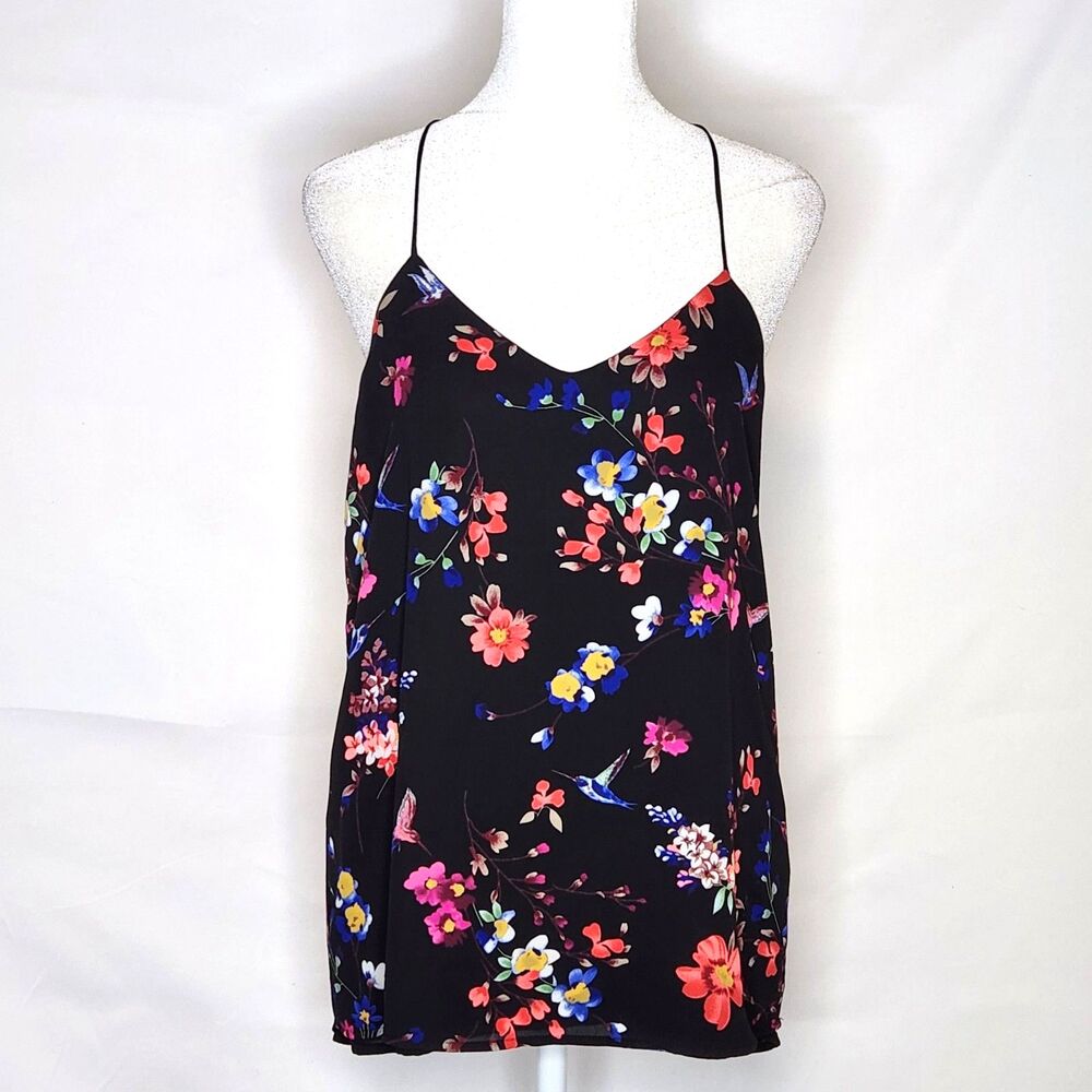 Express Black Bold Floral Hummingbird Print Chiffon Cami Tank Small Cottagecore